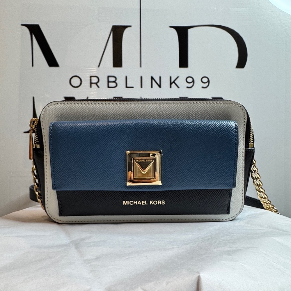 Michael Kors Sylvia Tri Color Admiral Leather Double Zip Crossbody Bag.